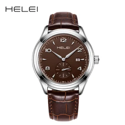 HELEI Fashion new sports casual quartz watch date genuine leather luminous strap men's wristwatch