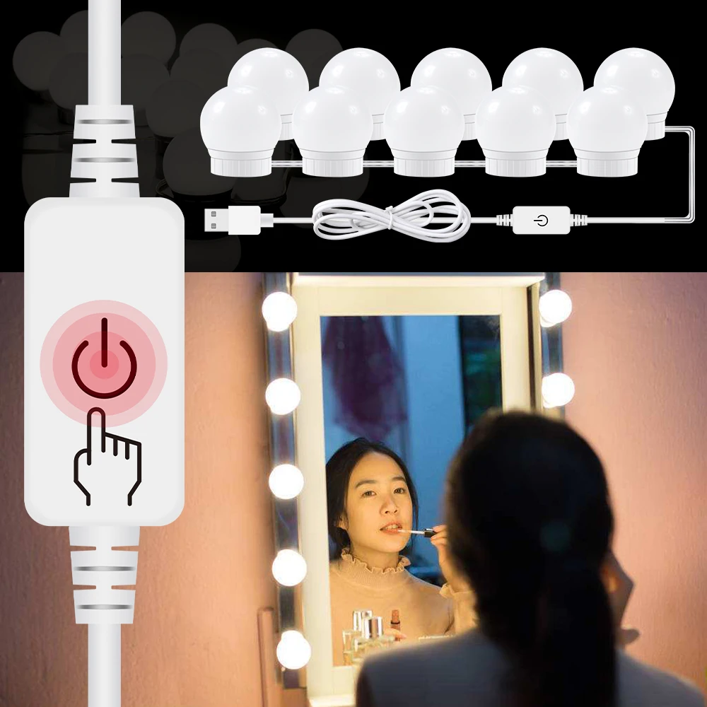 Luz Led para espejo de maquillaje, 3 modos de colores, atenuación táctil, tocador, lámpara de tocador, bombilla USB de 12V, lámpara de pared para espejo de maquillaje Hollywood