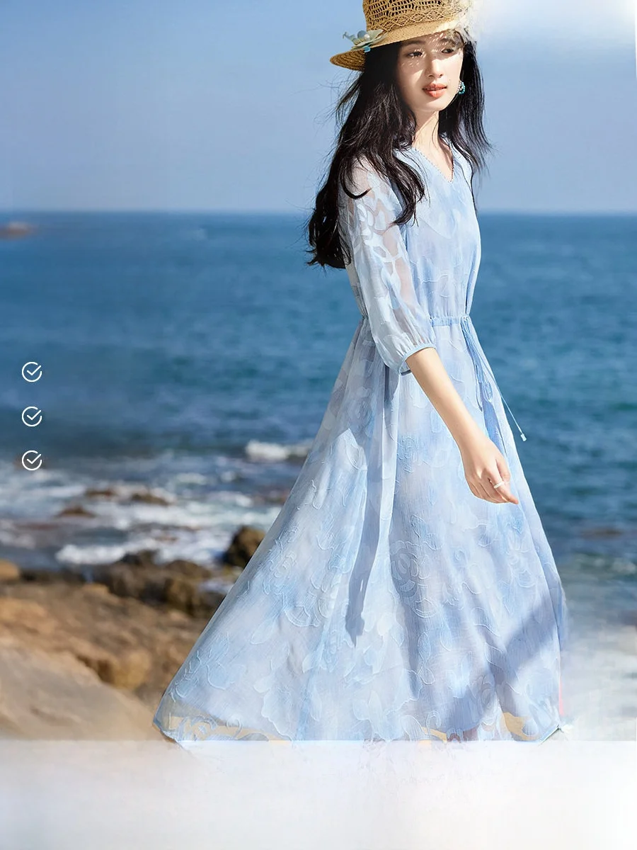 

Blue Mist Weave Floral Chiffon Dress Women's Summer V-neck Waist-cinching Slimming Holiday Date Dress Elegant Lady Style