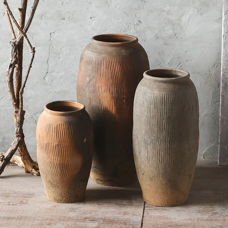 Yellow high-end earthenware jar, large vase decoration, living room floor to ceiling Chinese Zen style, quiet style homestay, re