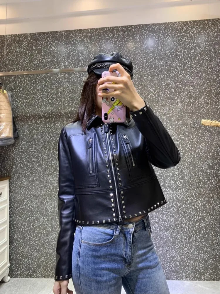 Women Genuine Leather Jacket Punk Style Slim Rivet Sheepskin Short Coat High Street Female Motorcycle Jackets Customized 20 Days