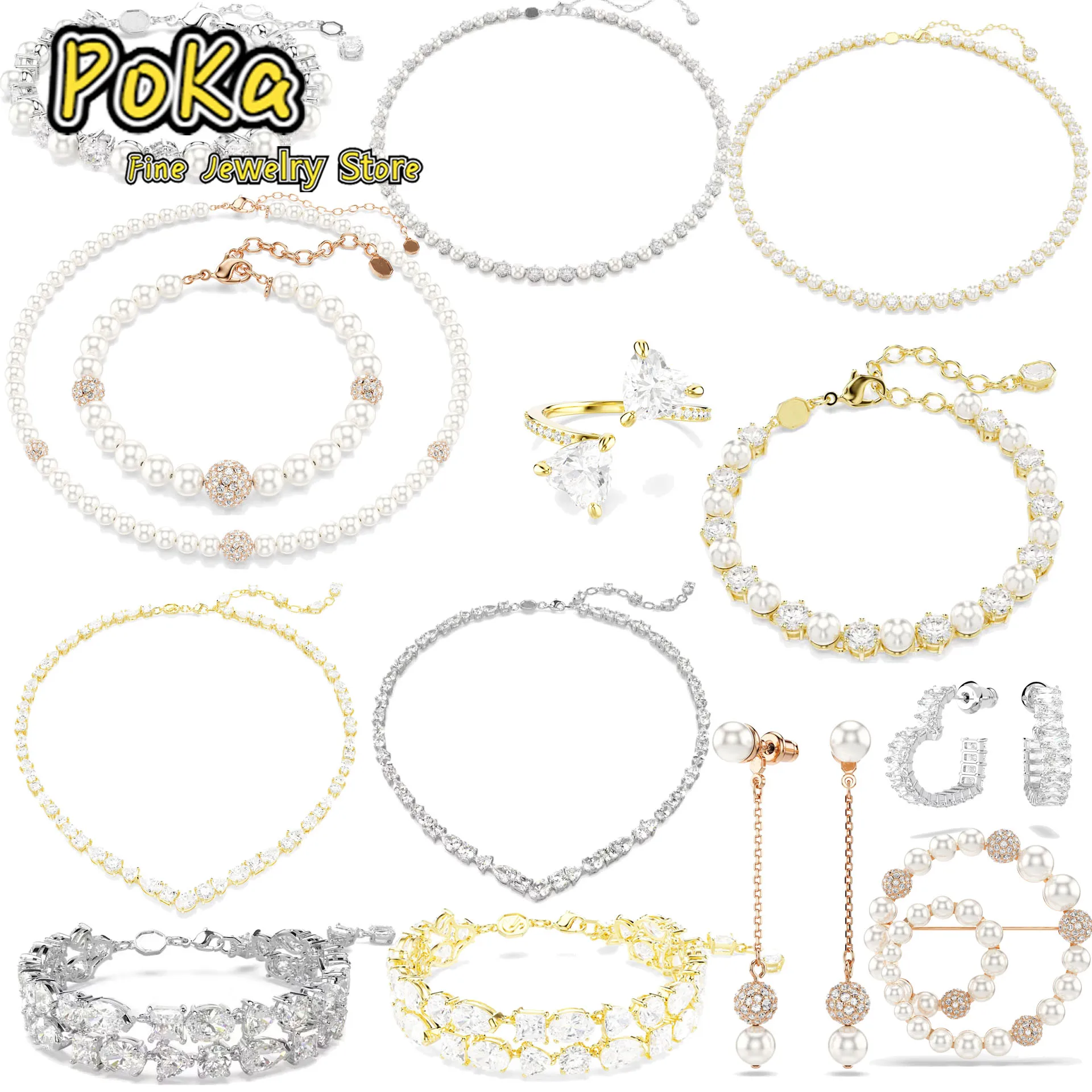 Nuevo Juego de Joyas de Lujo en Oro Blanco con Cristales Tallados Originales para Boda, Collar, Pendientes, Pulseras y Anillo para Mujer, Regalo de Navidad y Año Nuevo