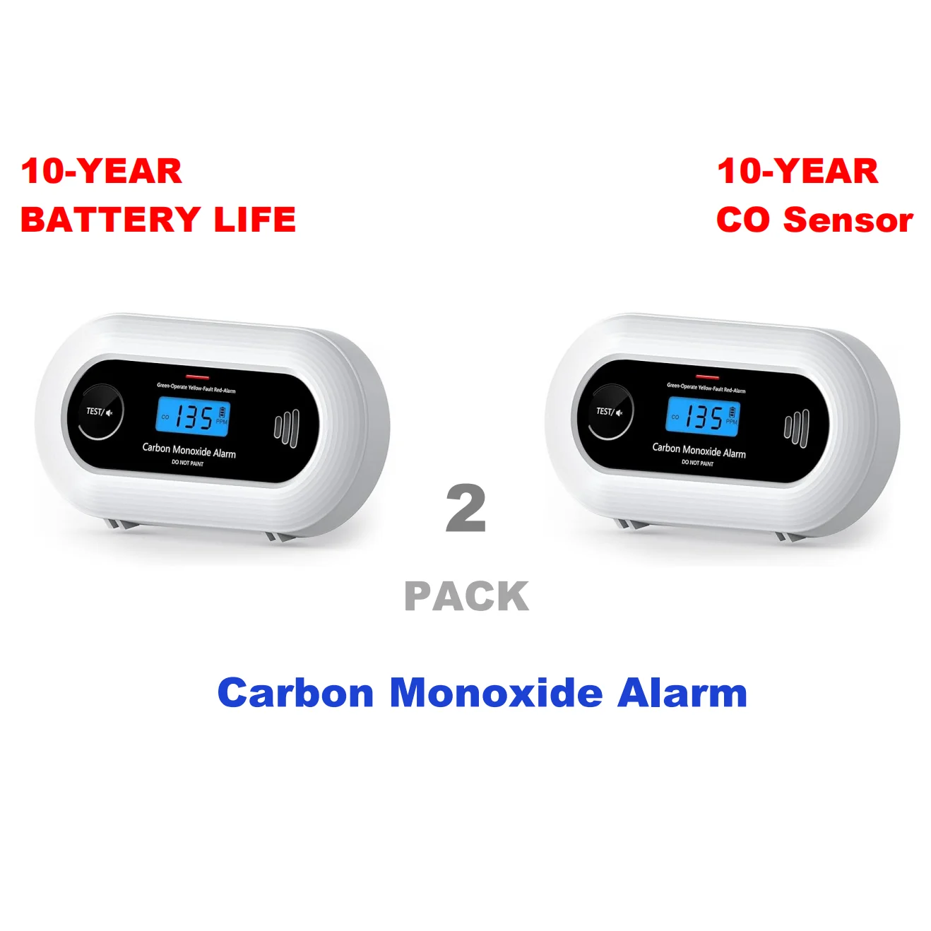 Alarme de monóxido de carbono com sensor de CO de 10 anos, detector de gás CO com bateria de 10 anos, CE EN 50291, VC21, preto, pacote com 2