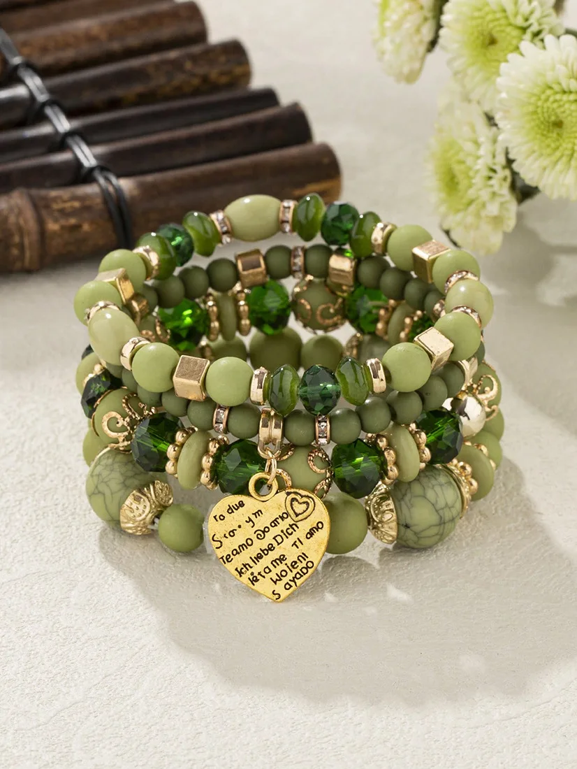 4-teiliges Boho-Armband-Set mit Kristallperlen und Kettendesign für Damen, Vintage-Herzanhänger, elastisches Armband, modischer Party-Schmuck für Frauen – Detail 20