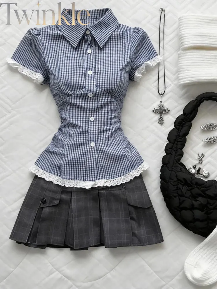 Retro Blue Plaid Shirt Skirt Set Women Vintage Summer Outfit Casual Slim Blouse Pleated Skirt Two Piece Streetwear