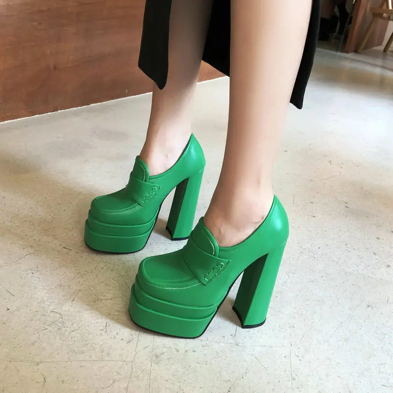 Size 33-43 Green Pink Purple Closed Toe Women Shoes Spring Platform High Heeled Loafers Block Heels Mature Lady Office Pumps