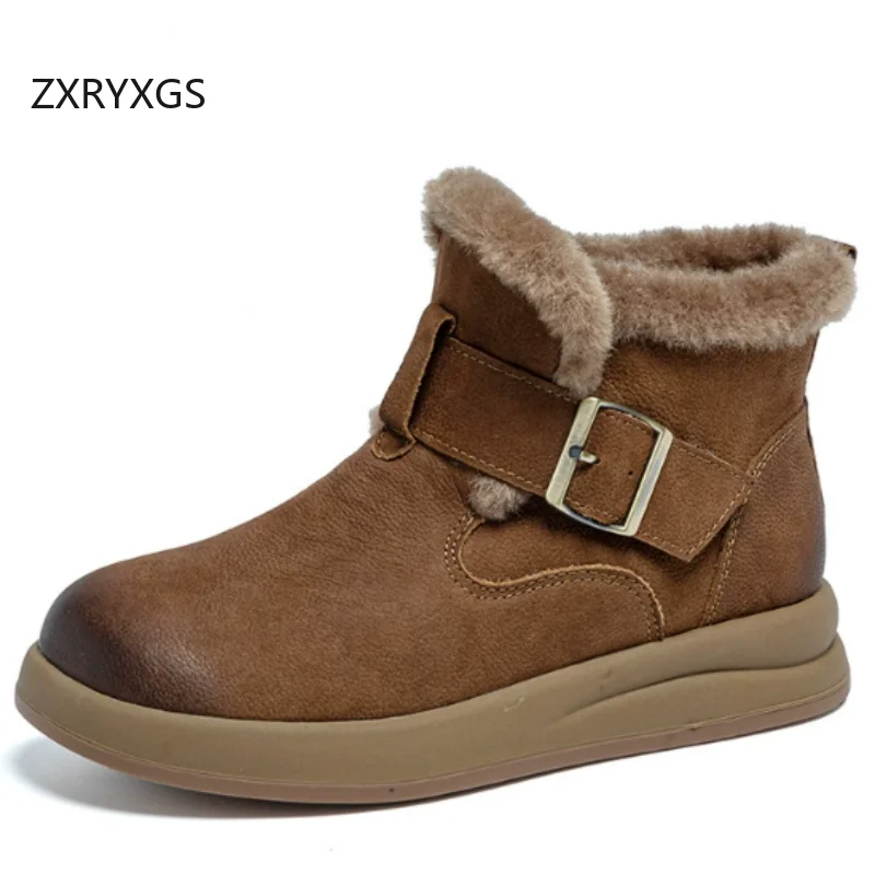

ZXRYXGS Classic Retro Top Layer Cowhide Leather Boots Snow Shoes 2025 New Winter Warm Cotton Shoes Flat Boots Women Short Boots