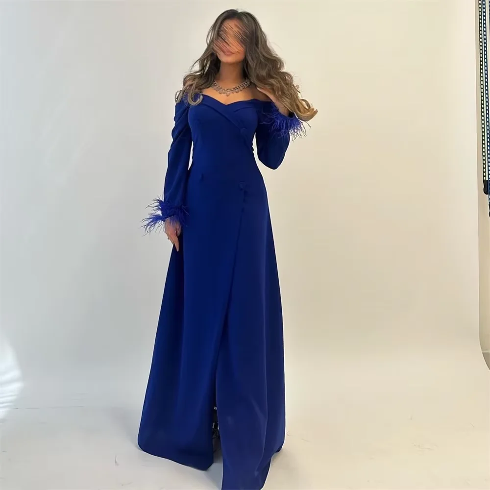 Vestidos de fiesta de corte en A, color azul, personalizados, hasta el suelo, cuello barco, manga larga, vestidos de noche, botón drapeado Simple, borla de moda