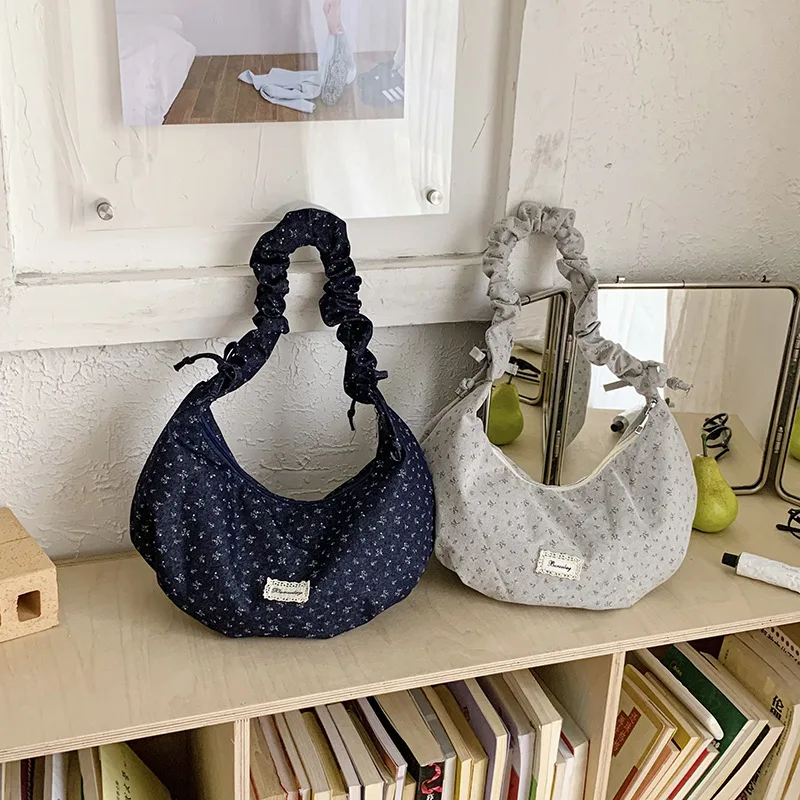 

New Korean Style Floral Shoulder Crossbody Bag Canvas Dumpling Hobos Large Capacity Commuter Tote Bear Print Corduroy Women Bag