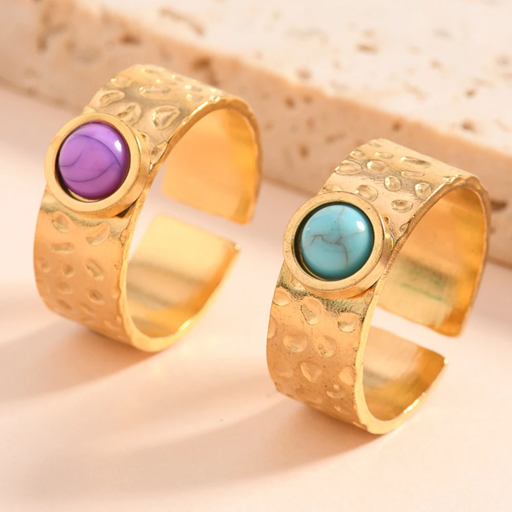 

Fashion Stainless Steel Geometric Round Natural Stone Green Turquoise Malachite Ring Women Bohemian Stylish Jewelry