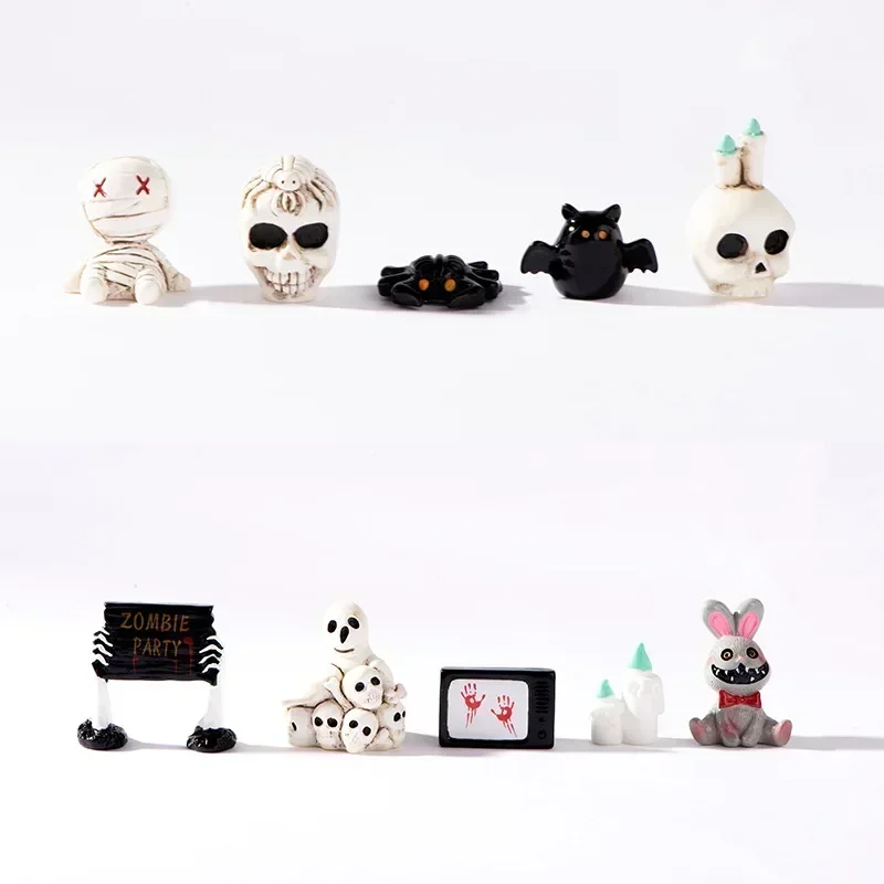 Mini Halloween Miniature Figurine Spider Bat Candle Skull Cartoon Scary Rabbit Statue Halloween Pranky Prop Desktop Knick-knack