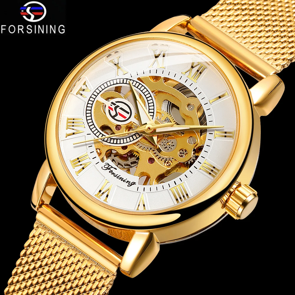 Forsining Elegant Fashion Women's Mechanical Watch Skeleton Movement Roman Luminous Numerals Mesh Strap Female Luxury Wristwatch