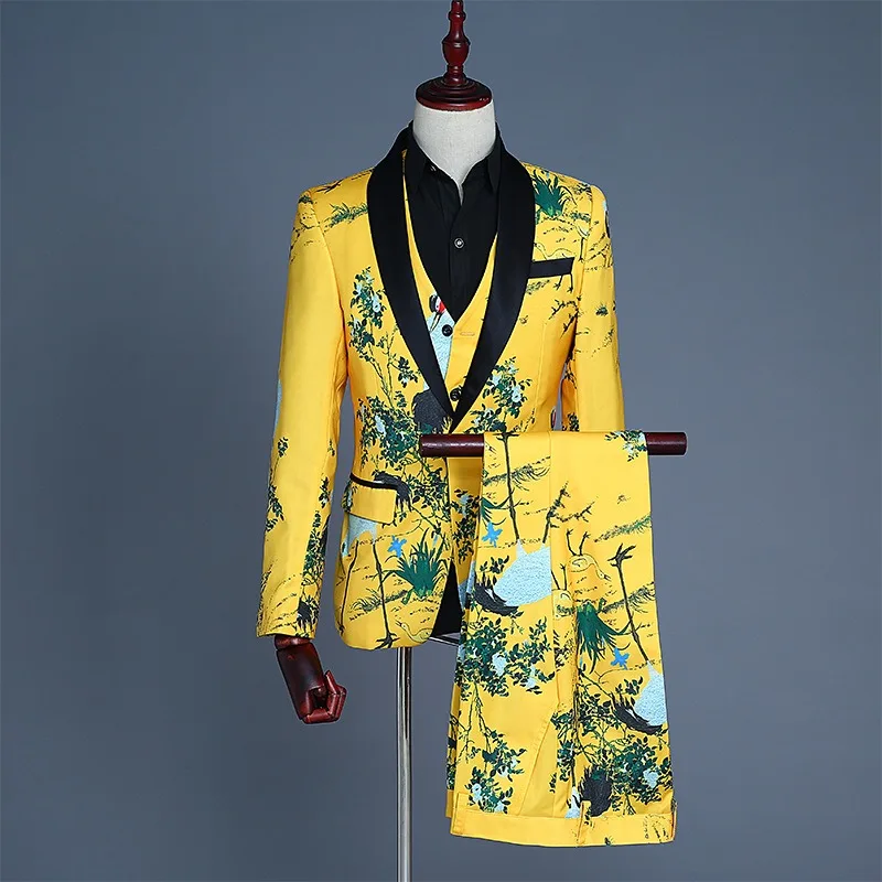 

Men's Suit Waistcoat Three-piece Coat Vest Pant Yellow Print Dress Single Breasted Chinese Style Yellow Mens Suits