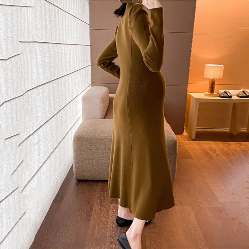 Maternity Solid Knit Dress For Autumn Winter 2024 New Clothes For Pregnant Women Fashion Half High Collar Slim Pregnancy Sweater