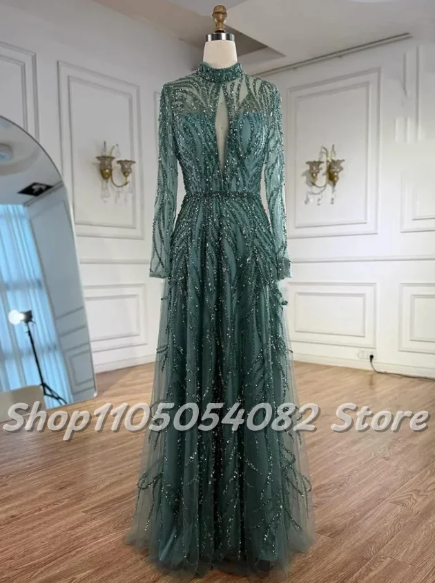 Customized elegant traditional green high-neck wedding dress with beaded studs and long sleeves A-line wedding robe