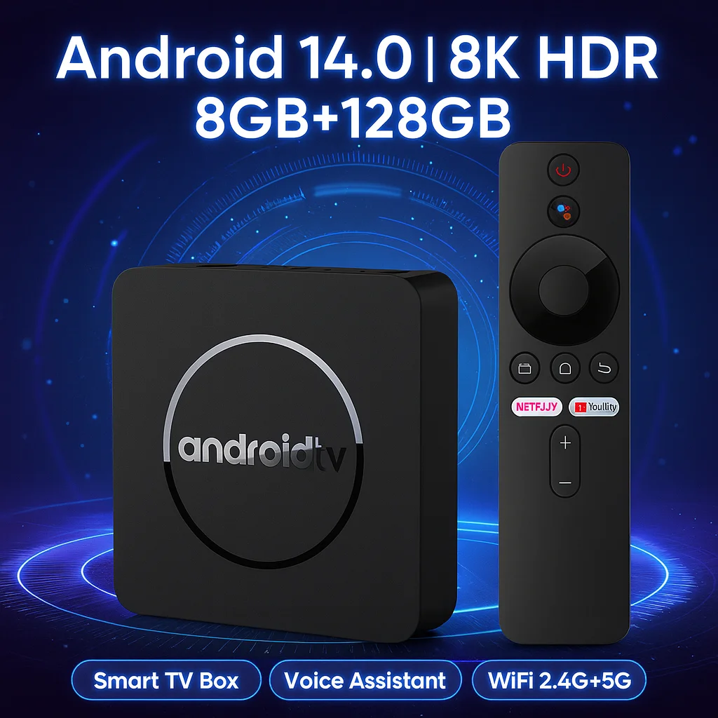 صندوق تلفزيون ذكي 8K Android 14.0 مع Allwinner H313 رباعي النواة ثنائي النطاق WiFi 2.4G/5G Google Assistant HDR10+ YouTube Google Play