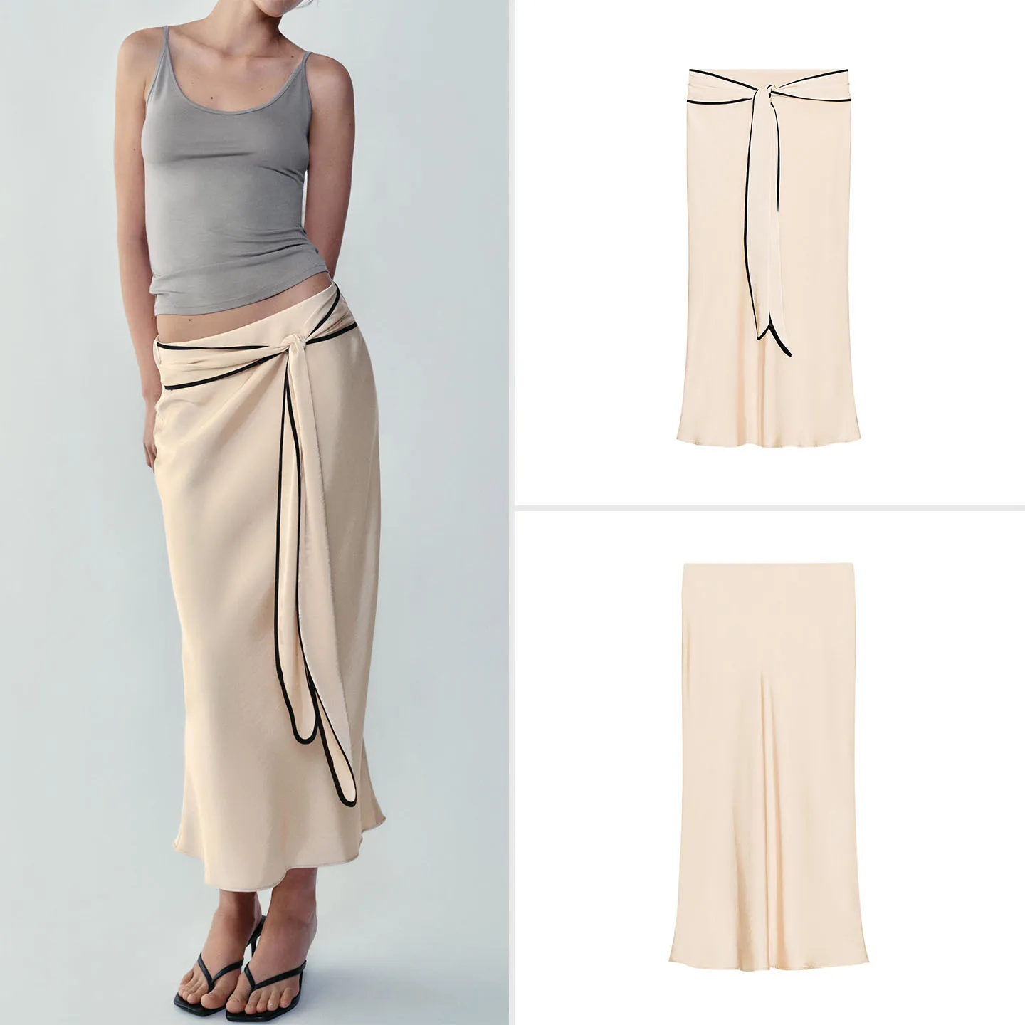 Fashionable Contrast Color Trim Midi Skirt Women's Half-length Skirts Midi Skirts Belted No Slit Standard Fit Autumn New Arrival