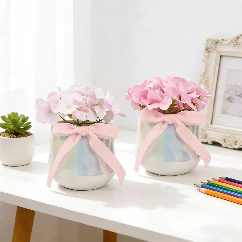 

Silk Flower Home Decor Artificial Flower Arrangement Ceramic Vase with Silk Bow Realistic Faux Hydrangea Flower for Wedding