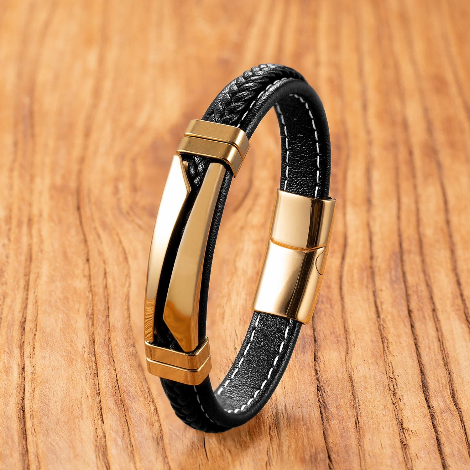 Edelstahlarmband mit Lederband, Unisex-Schmuck für Männer und Frauen, Alltagstaugliches Casual-Boho-Stil-Geschenk – Detail 3