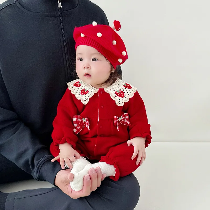 

Butterfly Knot Strawberry Baby Girl Jumpsuit Red Festive Spring and Autumn Suit Newborn Fashion and Cute Kids Clothes