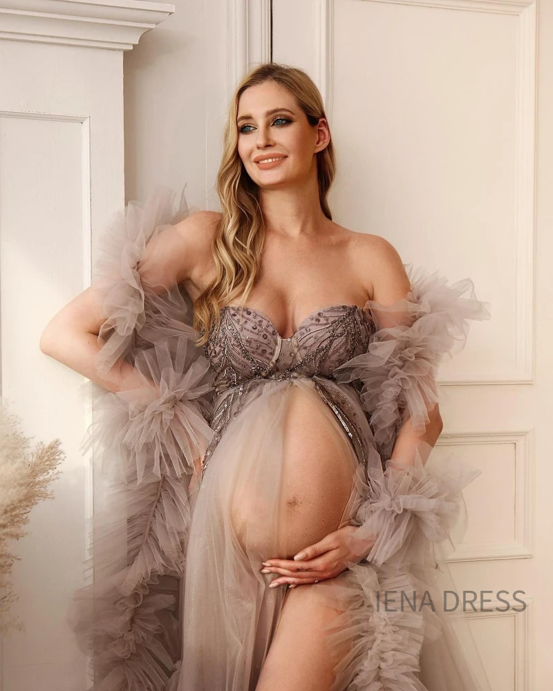 Vestido de maternidad con volantes y cuentas para mujer embarazada, vestido de maternidad con frente abierto, hombros descubiertos, dobladillo largo, color rosa oscuro, para sesión de fotos, Baby Shower, n. ° 18138