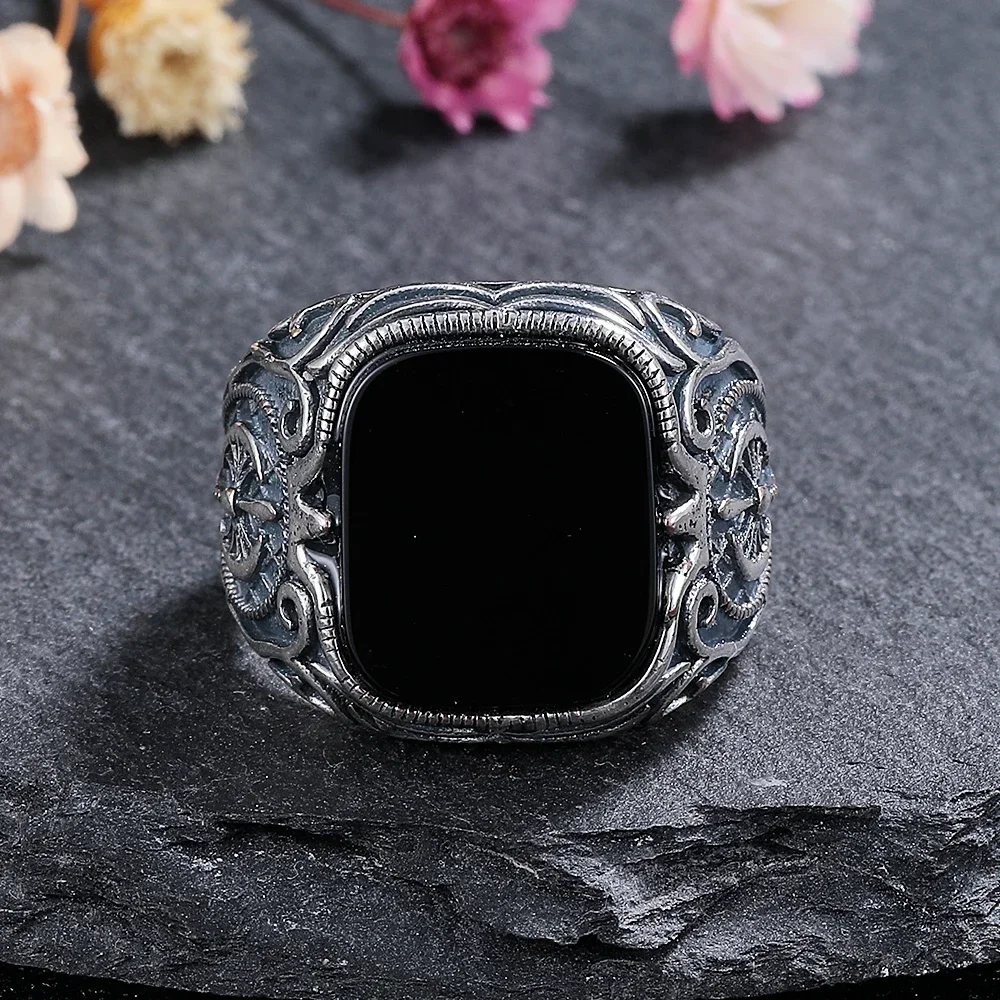 Bague en argent regardé 925 avec pierre d'agate noire naturelle pour femme, bijoux rectangulaires vintage, cadeaux de fête, 12x14mm