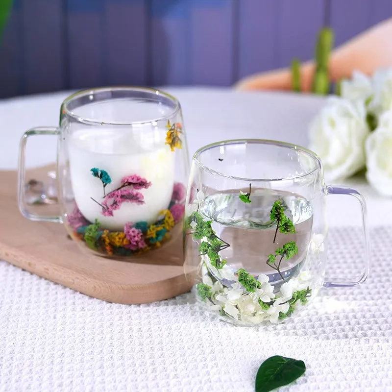 390ml Creative Real Flower Double Glass Mug Fill Star Dried Flower Milk Coffee Tea Household Cup Supplies Christmas Child Gifts