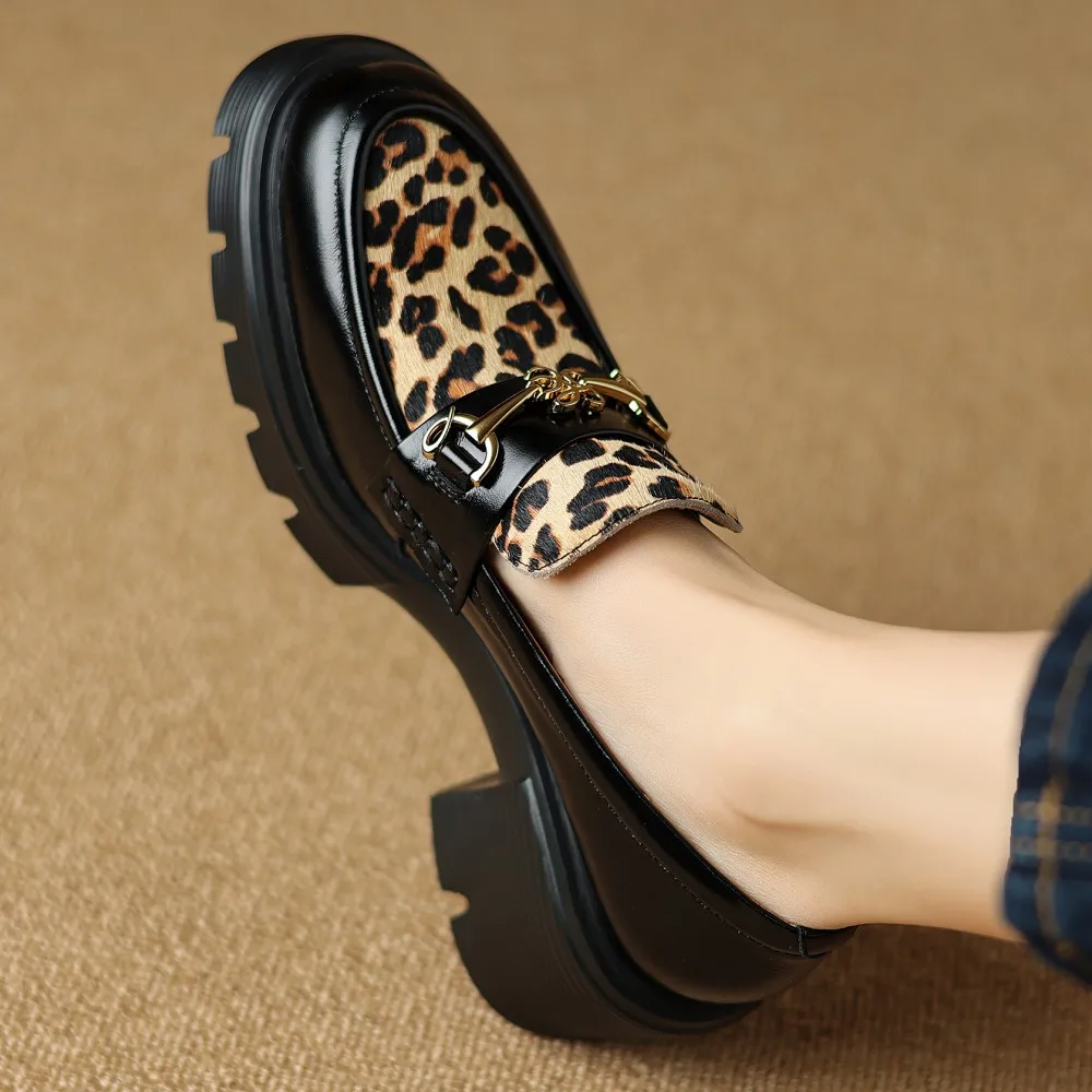 Women's sheepskin leopard horsehair patchwork slip-on loafers chunky heel platform flats moccasins metal buckle casual shoes hot