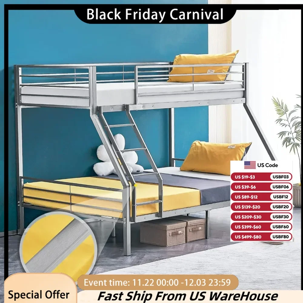 Bunk Beds Twin Over Full Size with Flat Rung Steps, Heavy Duty Bunk Beds for Teens/Adults,13 Inches Reinforced Guardrail, Beds