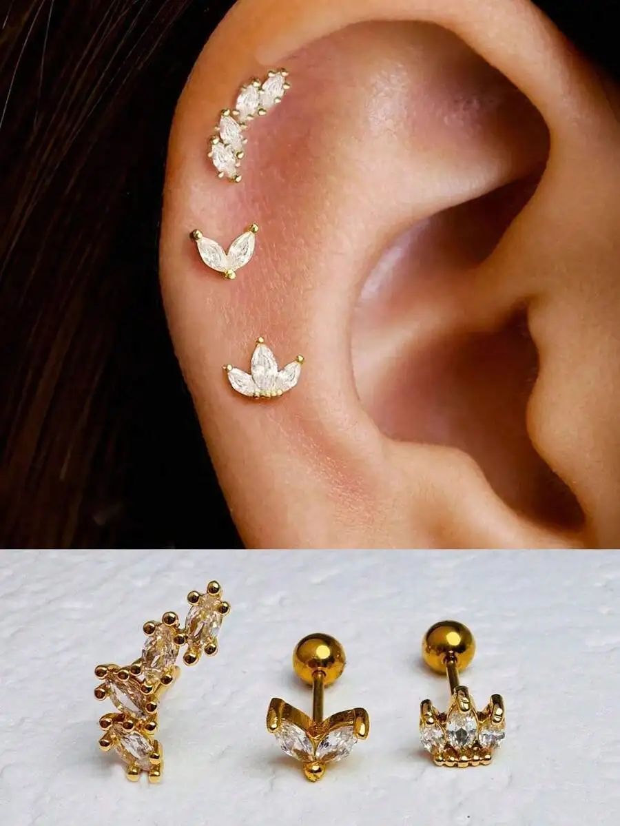 

3pcs Zirconia Teardrop Stud Earrings, Flower Cartilage Earrings, Stackable For Multiple Piercings