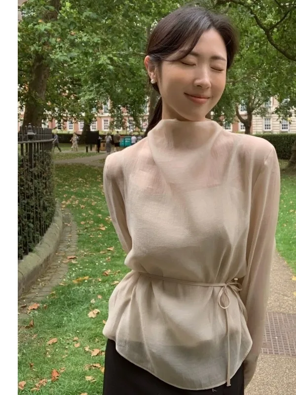 

Elegant Half High Collar Long Sleeve Women's Shirt Belted Slim Fit Two Piece Set Spring Fashion French Style Loose Fit Lace Top