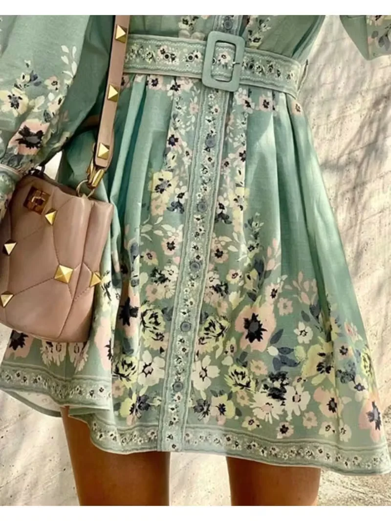 여성용 보헤미안 플로럴 프린트 드레스 - 브이넥, 긴 소매, 무릎 길이, 벨트 포함, 루즈핏, 플리츠 디자인, 봄에 딱 맞습니다