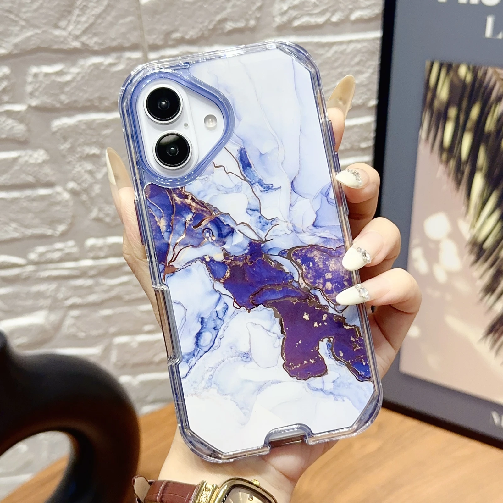 Plating Blue Marble Heavy Duty Hard Back Phone Case for iPhone 16 Pro Max Promax Plus Shockproof Protective Triple Layers Cover