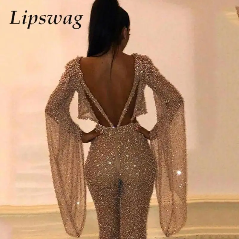 Sexy Cut Out Waist Backless Shiny Sequin Jumpsuit Elegant Flare Sleeve Women Club Party Romper Fashion O Neck Slim Fit Overalls