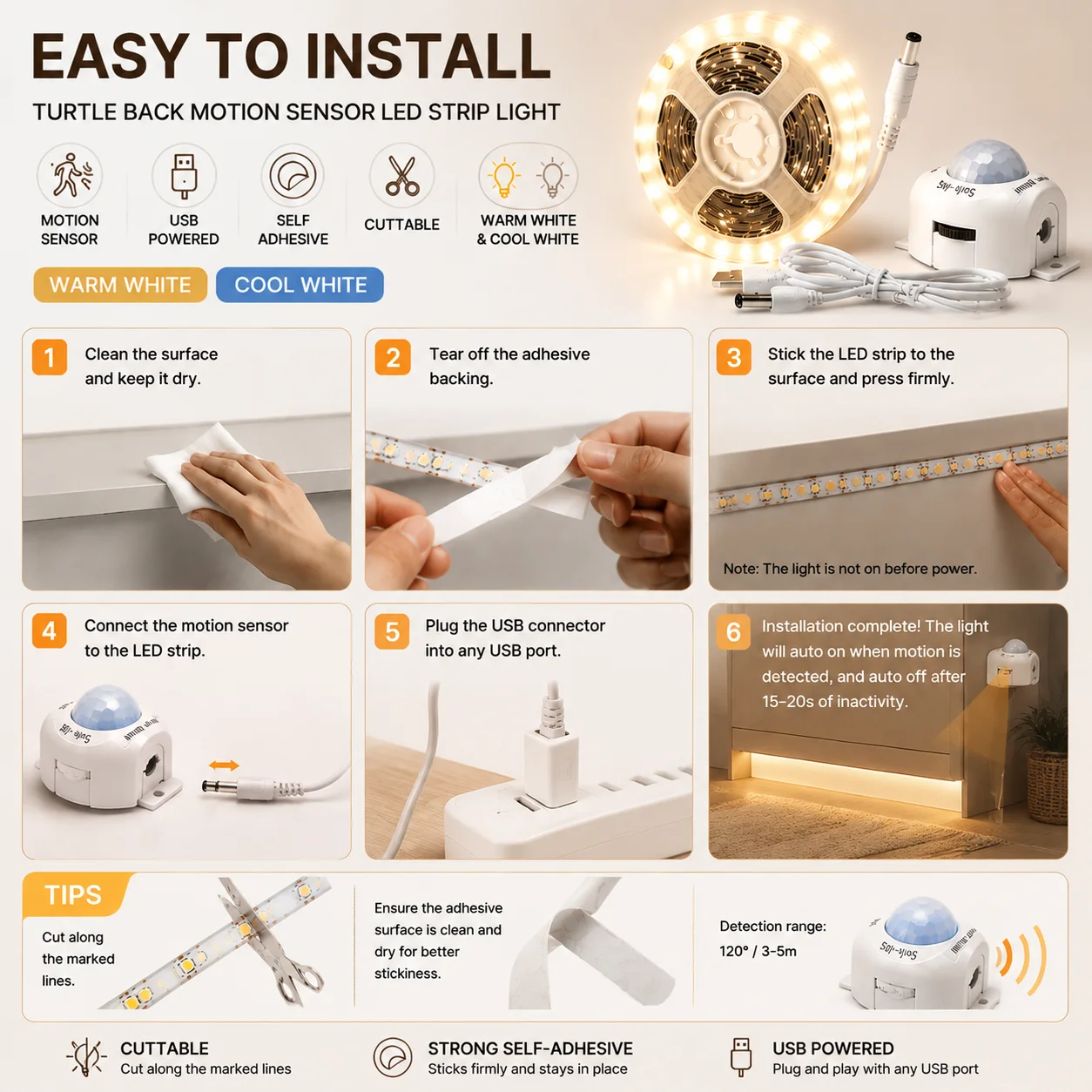 Motion Sensor LED Strip Light  - Drawer Dresser White recension och pris