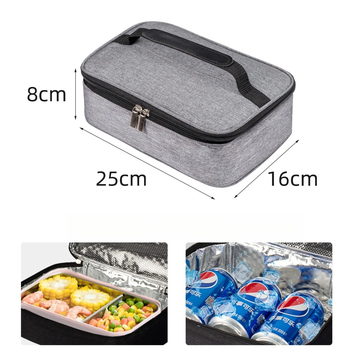 Bento-Tasche mit Griff, doppelter Reißverschluss, wasserdicht, rechteckig, tragbar, Thermo-Lunchbox, Beutel, isolierter Lebensmittel-Bento-Aufbewahrungsbehälter – Detail 2