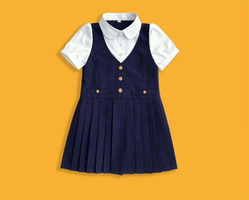 Girls College Wind Vacation Two Piece Dress Summer Short Sleeved Navy Blue Pleated Performance Garden Uniform