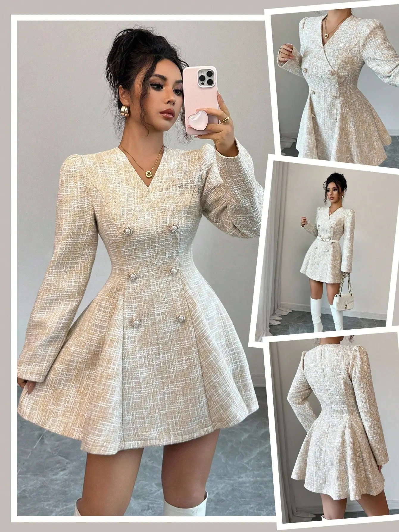 

V-Neck Tweed Mini Dress with Pearl Buttons, Cinched Waist A-Line Silhouette, Long Sleeve