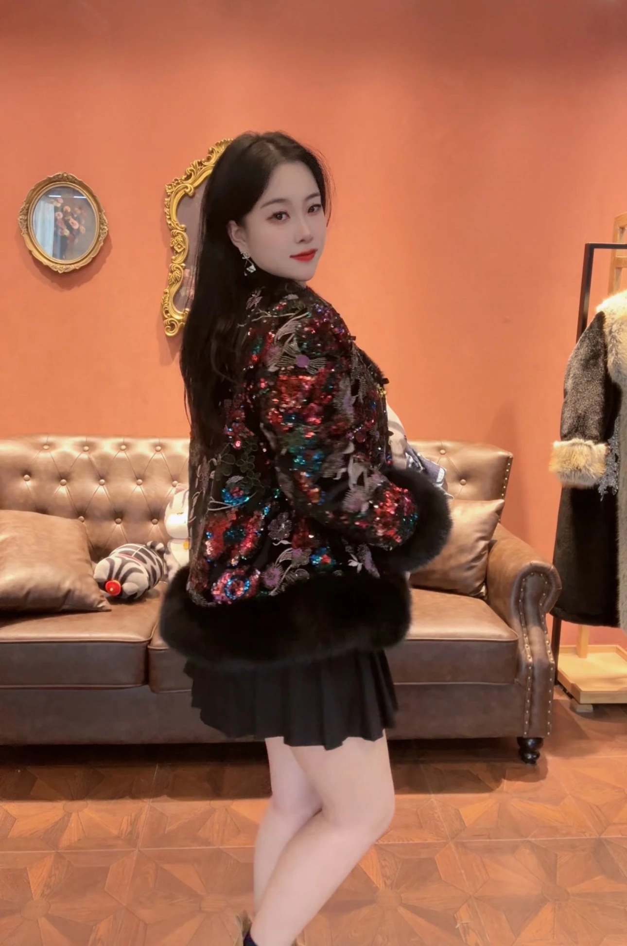 Winter Heavy Industry Sequined Floral National Style Pendant Retro Faux Fur Chinese Style Faux Fur Coat Women