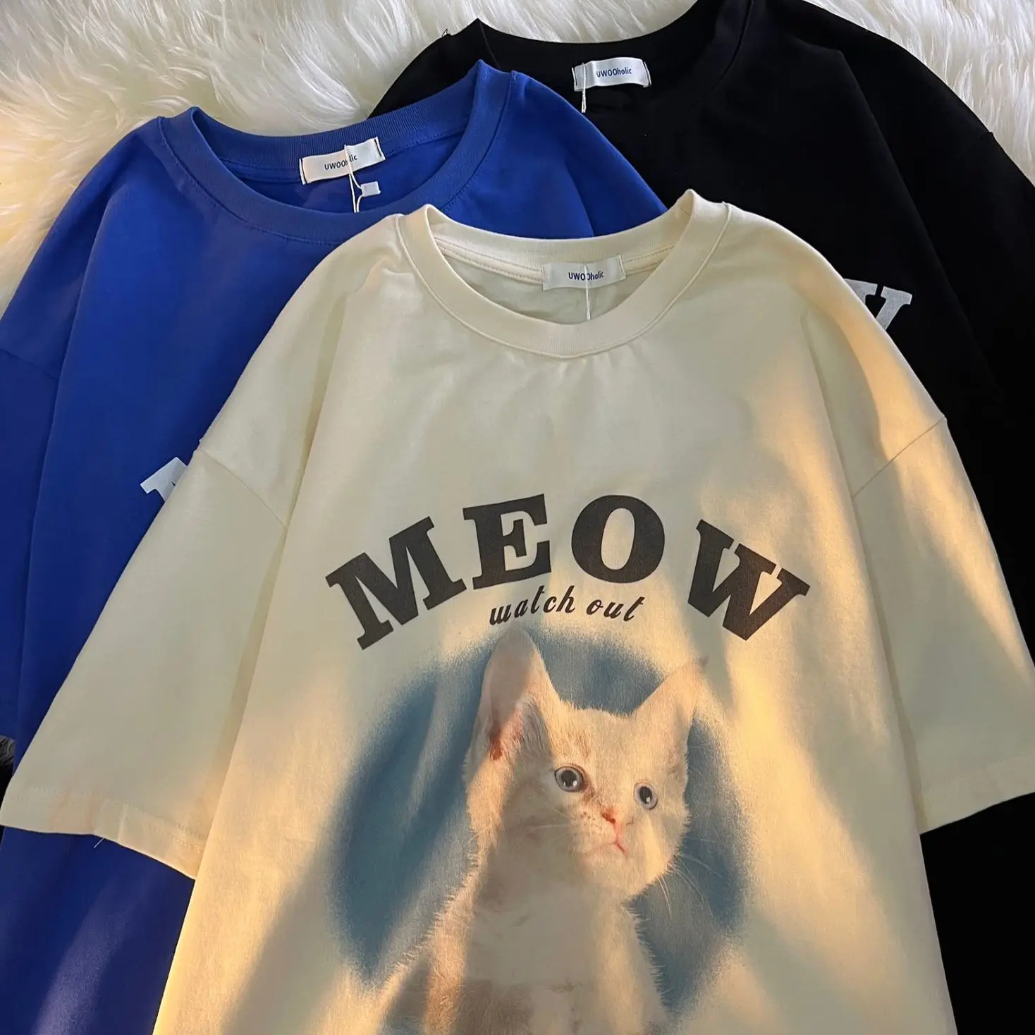 Women Clothing Cute Cat Animal Pattern Short Sleeved T-shirt Men and Women Loose National Niche Couple Half Sleeved Harajuku