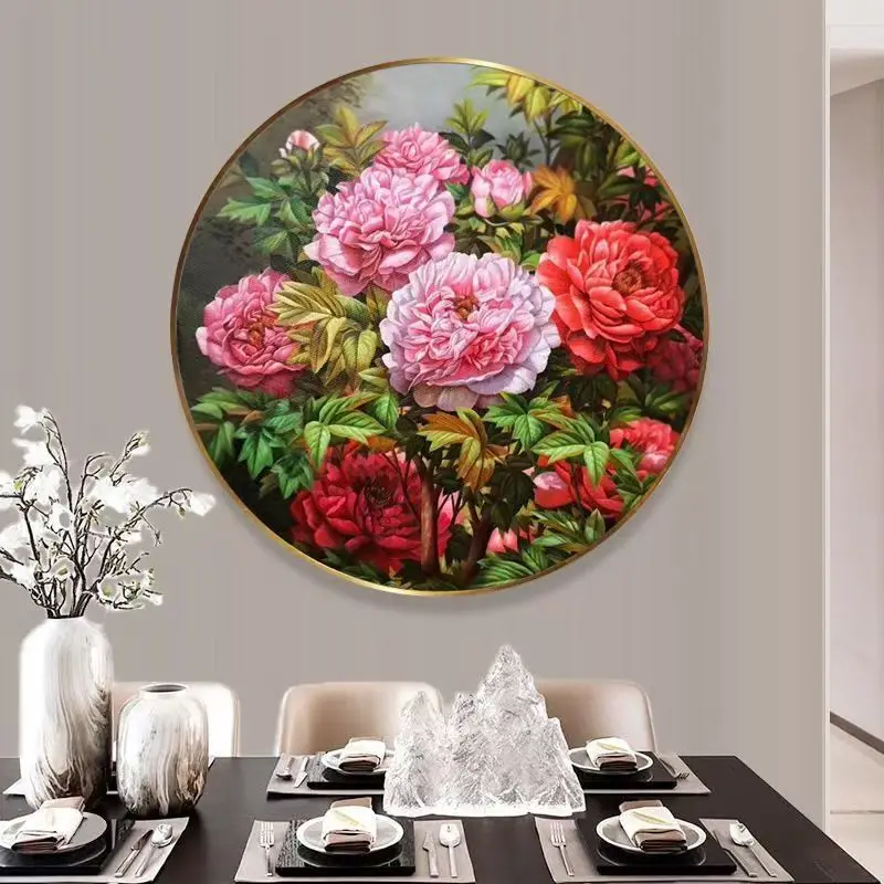 

Bedroom New round Beaded Cross Stitch Embroidery Wealth And Prosperi Peony Flower Cotton Fabric Chinese Sle Home Decor
