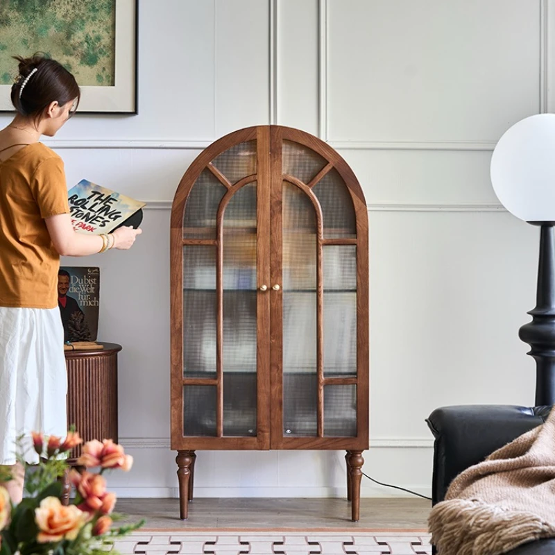 

French retro solid wood dining side cabinet, living room display chest, medieval furniture glass