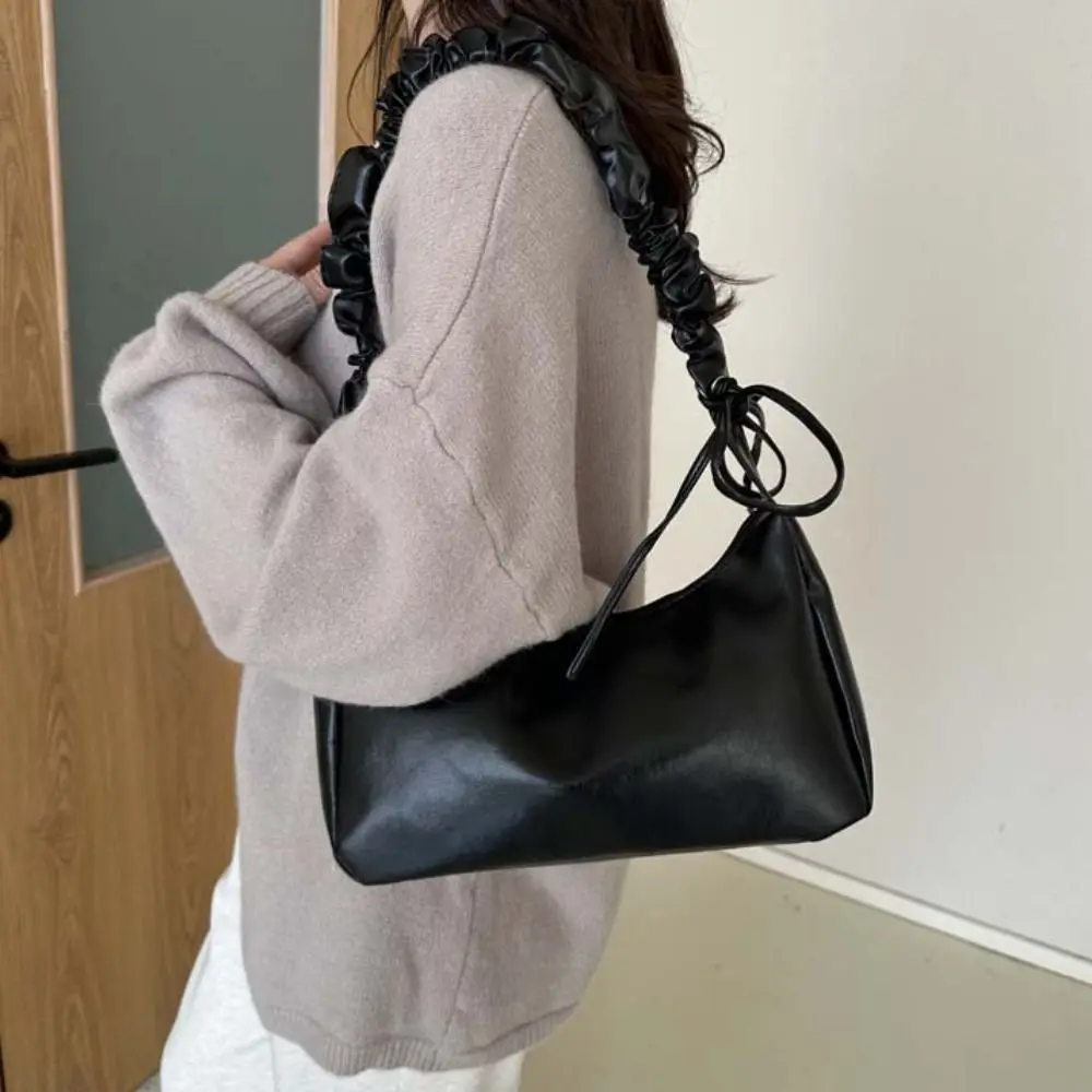 

Ruffle Bowknot Shoulder Bag Zipper Y2k Style Ins Half-moon Underarm Bag Message Bag Crossbody Bag PU Leather Bow Tote Bag