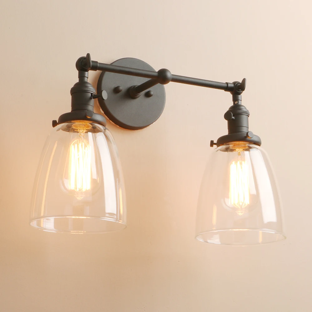 Luminária de parede industrial estilo vintage Permo com 2 luzes e sombra de vidro transparente de cone oval de 5,6 polegadas