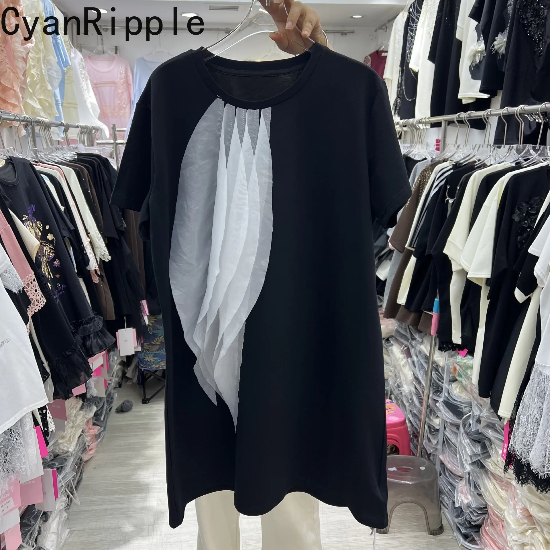 

2026 New Spring Summer Loose Mid-long T-shirt Elegant Ruffles Splicing Round Neck Black Short Sleeve Tees Cotton Pullover Top