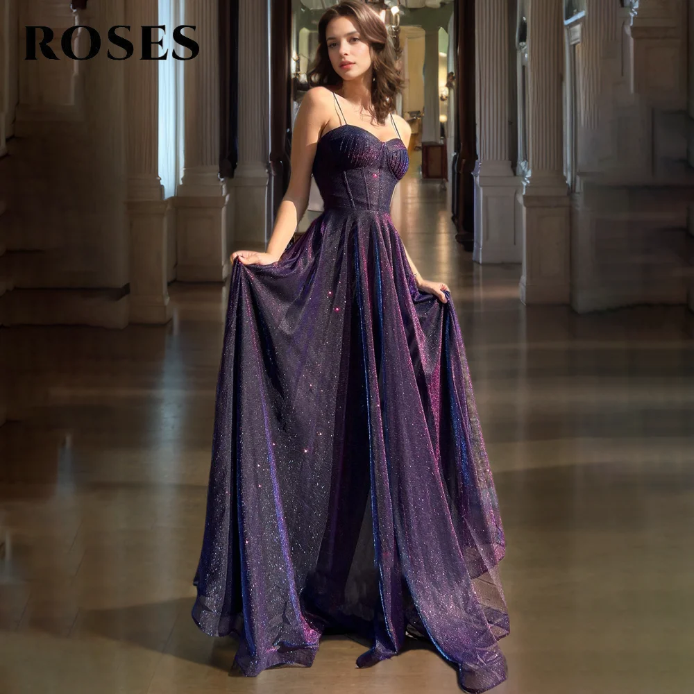 

ROSES Glitter Purple Prom Dress Tulle Celebrity Dress A-Line Pleats Women's Evening Dress Spaghetti Strap Formal Gown Customized