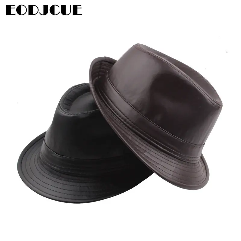 Black Leather British Vintage Style Jazz Caps Hats Fashion Fedoras Trilby Hat Solid Panama Formal Cap For Men Women Unisex