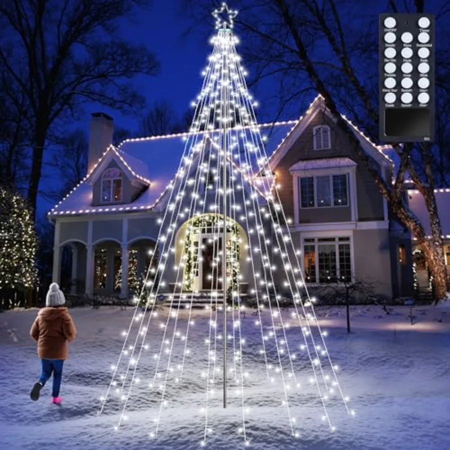 

Outdoor Christmas Tree Lights - 10Ft 404 LED with 7.08 Topper, Remote Control Waterproof Iron Pole Waterfall Decor White