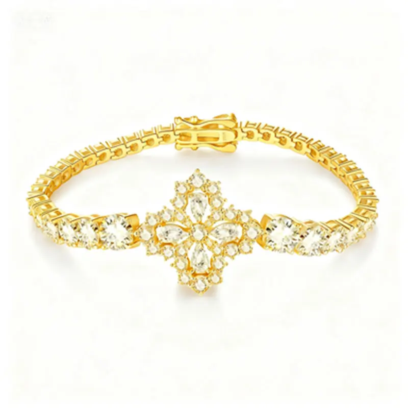 

S925 Sterling Silver Gold Plated Moissanite Bracelet, Luxury Cross Flower Full Diamond Inlay Bracelet for Women Party Wedding Je