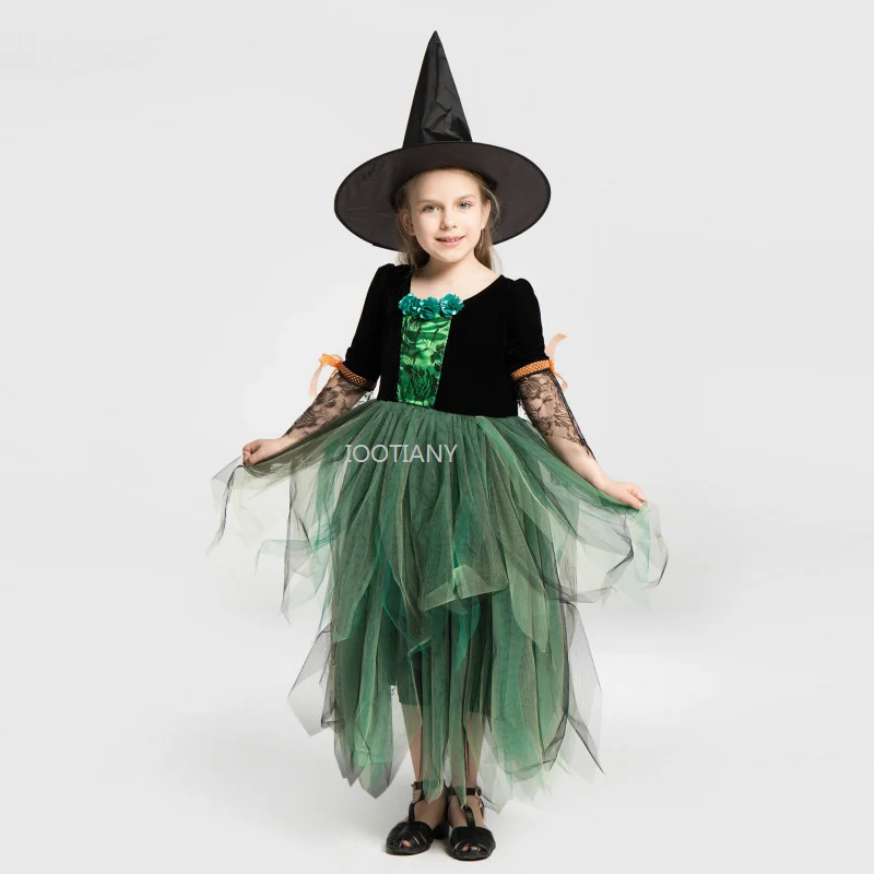 Iootiany 2024 Meisjes Groene Heks Cosplay Jurk Kostuum Mesh Tutu Jurk Met Punthoed Voor Kinderen Carnaval Feest Verkleedkleding